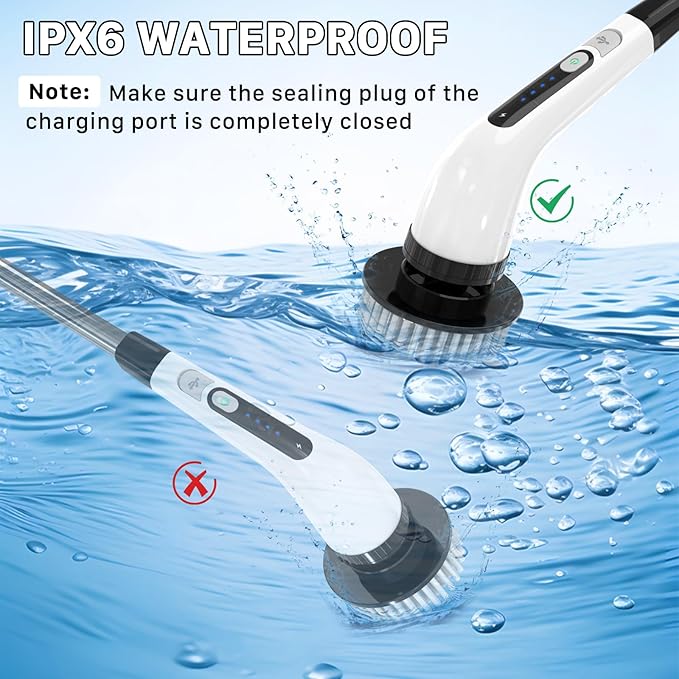 Electric Spin Scrubber Cordless Cleaning Brush Shower Scrubber with 7 Replaceable Brush 2 Speeds and Adjustable Extension Handle for Bathroom Shower Bathtub Glass Car(White)
