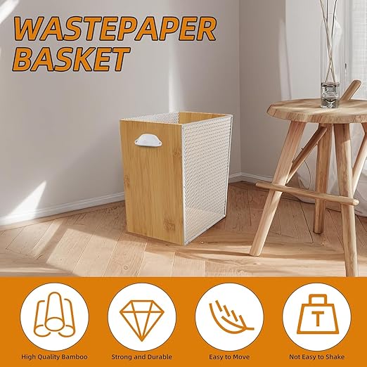 3 Gallon Bamboo-Wooden Trash Can - Rustic Office Waste Paper Basket - Decorative Garbage Bin for Bedroom Bathroom Kitchen Living Room