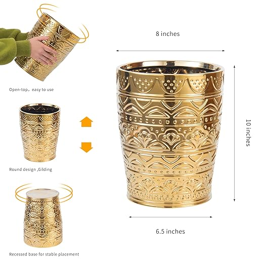 Round Ceramic Small Trash Can Wastebasket Garbage Container Bin for Bathrooms Powder Rooms Kitchens Home Offices - Durable - Gold Christmas Decor