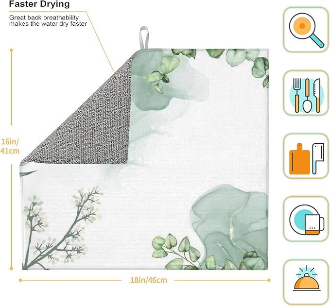 Watercolor Green Leaf Floral Dish Drying Mat for Kitchen Counter 16x18 Microfiber Absorbent Fast Dry Mat 2Pcs Dish Mat Faucet Mats Sets Large Drying Kitchen Mat Kitchen Drying Pad