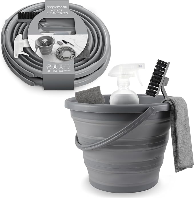 SIMPLEMADE Collapsible Bucket Cleaning Set - Includes 2 Foldable Buckets Spray Bottle Rag Scrubbing Brush and Sponge - Holds Up to 10 liters Easy Storage All-Purpose Cleaning Solution