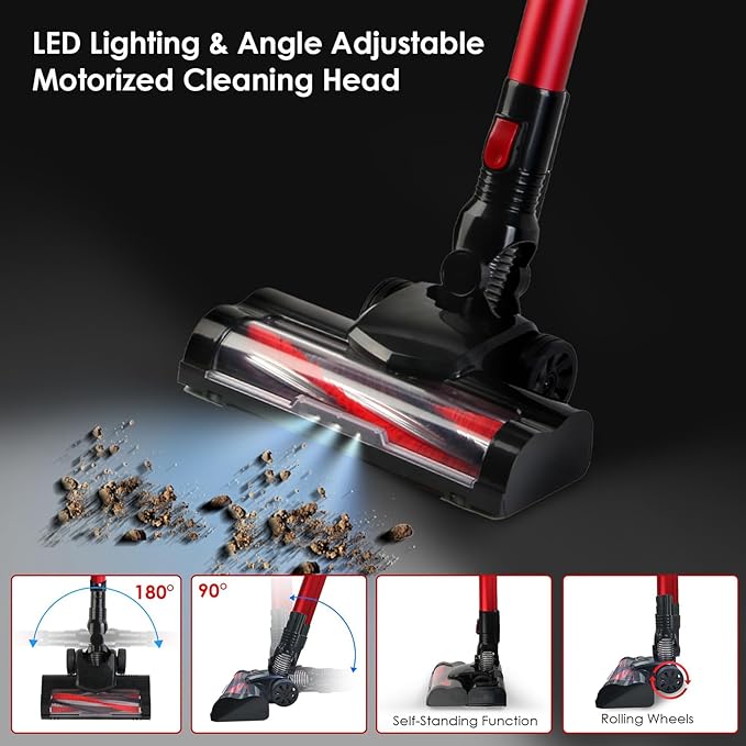 Cordless Vacuum Cleaner 12Kpa Stick Vacuum Cleaners Cordless with LED Floor Lights Powerful Suction Lightweight Handheld Vacuum Cleaners for Carpet Hard Floor Pet Hair