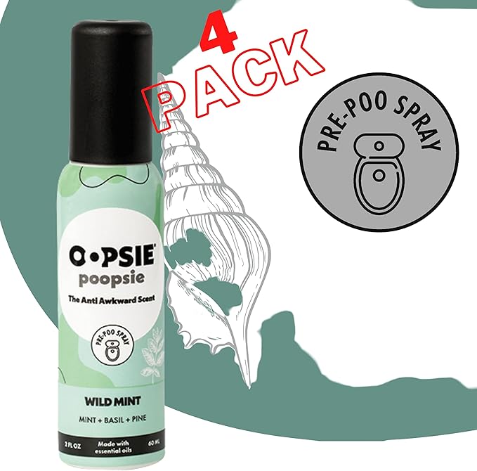 Oopsie Poopsie Pre Poop Spray - 4 Pack Natural Pre Poo Toilet Spray for Bathrooms Trap Odors &amp Eliminate Embarrassment 2oz Travel Size Pre Poo Air Freshener Spray (Wild Mint)