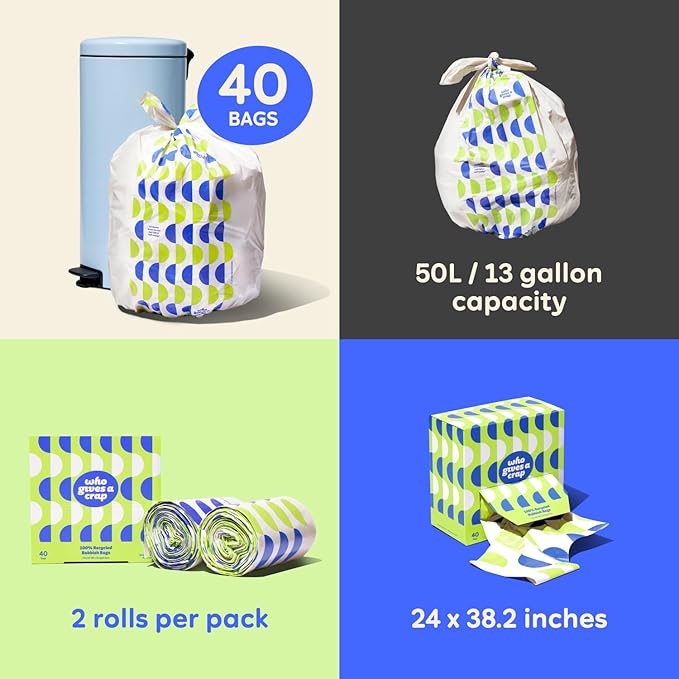 Who Gives a Crap 100% Recycled Tall Kitchen Trash Bags 40 Count 13 Gallon Sustainable Garbage Bags for Kitchen or Large Trash Cans Designed to Help Resist Leaks and Tears Durable Tie Handles