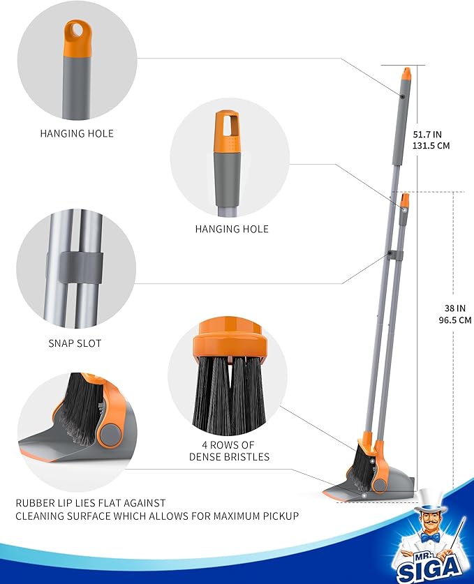 MR.SIGA Broom and Dustpan Set with Long Handle Stand Upright Broom with Dustpan Combo for Cleaning Office Garage Lobby Lightweight Sweeping Set 51.7(131 cm) Long Handle Gray &amp Orange