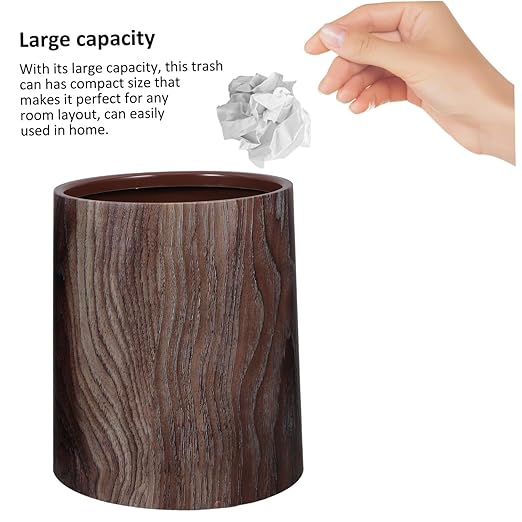 Uonlytech Imitation Wood Grain Trash Can No Lid Plastic Waste Basket Lightweight Bathroom Kitchen Indoor Garbage Bin with Elegant Vintage Design