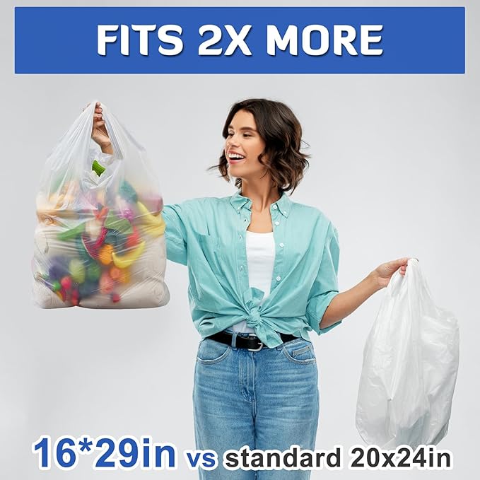 300 Pack 29 x 16 x 6 Inch Extra Large White Plastic Shopping Bags(0.5 Mil Thick) Reusable Heavy Duty Large T-Shirt Grocery Bags Bulk with Handles for Restaurant Retail Business