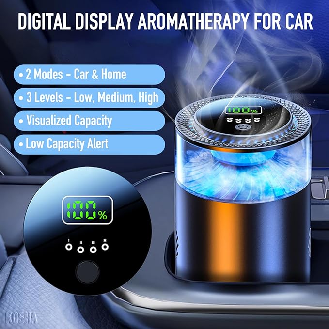 KOSHA Automobile Aroma Diffuser with Colorful Running Lights 3 Mode Settings 900mAh Essential Oil Display Non-Slip Lasts 2000 Refills Air Freshener for Car &amp Home (Cloud Top Tea Aroma)