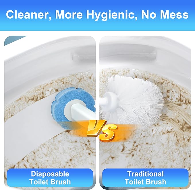 JOYMOOP White Flat Mop &amp Bucket with 1 Microfiber Pad 12 Disposable Toilet Brushes Stainless Steel Toilet Brush and Holder Set Multi-Functional Cleaner for Floors Windows and Toilets