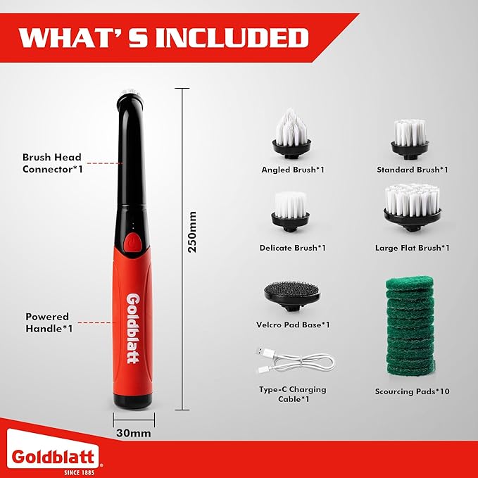 Goldblatt Cordless Electric Spin Scrubber 18-Piece Kit Power Scrubber with Battery Indicator Light Waterproof Electric Cleaning Brush for Grout Tile Bathroom Kitchen Cleaning