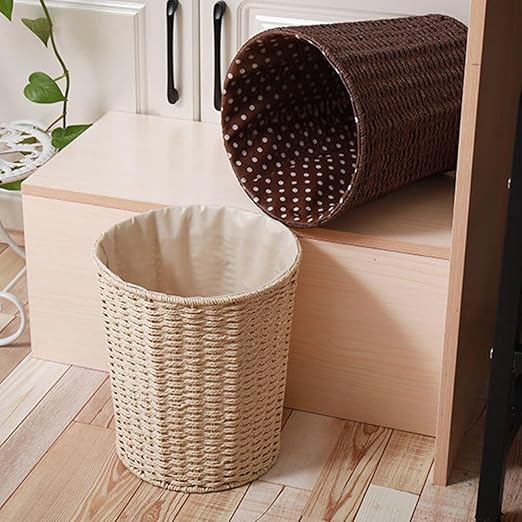 Garneck Pastoral Style Woven Rattan Storage Basket Lightweight Multi-Function Wastebasket for Bedroom Kitchen Home Organization Eco-Friendly Design