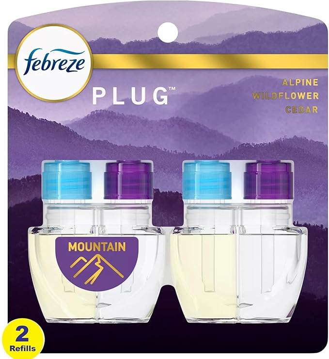 Febrezee Plug In Refills New Edition Plug In for Odor-Fighting Fade Defy PLUG Air Freshener (2) Count of 0.87 fl oz Refills (Mountain)