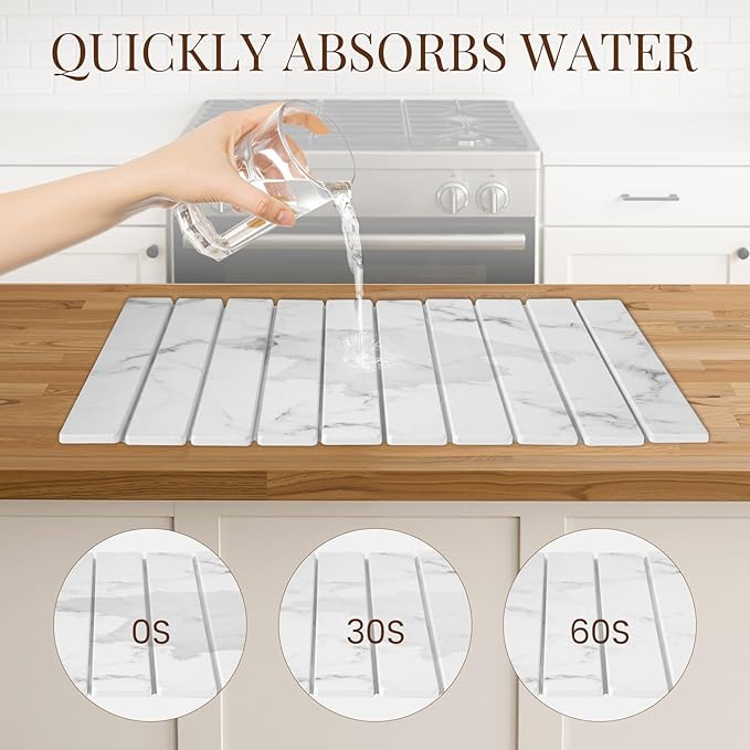 Large Stone Dish Drying Mats for Kitchen Counter 16(L)×12(W) Foldable Quick Dry Stone Dish Drying Mats Kitchen Absorbent Diatomaceous Earth Drying Stone Mat for Dishes Bottles Cups Marble White
