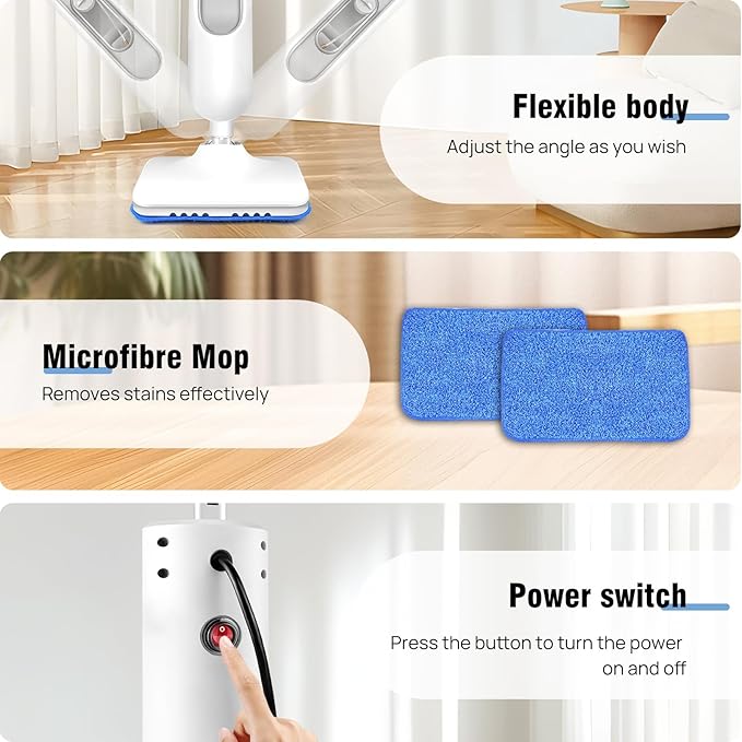 Steam Mop Hard Floor Cleaner Handheld Deep Steam Cleaner With Rectangle Head and 2 Washable Pads Adjustable Steam Modes Fast Heating Soft-Grip Handle and Powerful Steam White