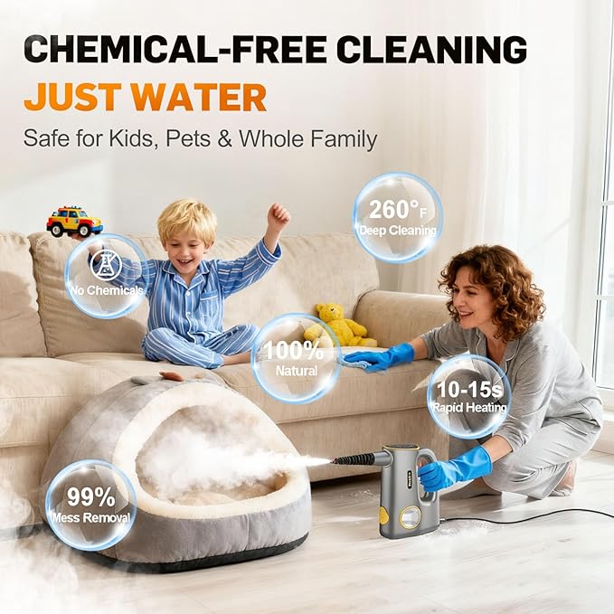 Handheld Pressurized Steam Cleaner for Home - 15s Heat-Up 3-Level Adjustable Steam Cleaner with 14pcs Accessories Multi-Surface Steamer for Cleaning Car Detailing Tile Grout Chemical-Free(Grey)