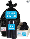 Industrial Grade 50 Count Black Trash Bags 55-60 Gallon 2.0 Mil 36 x 58 Extra Strength Heavy Duty Tear and Puncture Resistant No Ears Unscented Durable No Ties Made in USA