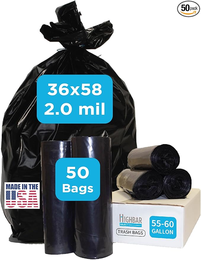 Industrial Grade 50 Count Black Trash Bags 55-60 Gallon 2.0 Mil 36 x 58 Extra Strength Heavy Duty Tear and Puncture Resistant No Ears Unscented Durable No Ties Made in USA