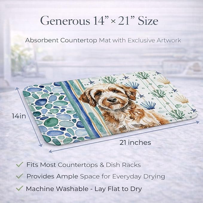 Caroline's Treasures Lagotto Romagnolo Coastal Sea Glass Dish Drying Mat Absorbent Dish Drying Mat Pad for Kitchen Counter Dish Drainer Mat for Countertop 14 x 21 Multicolor