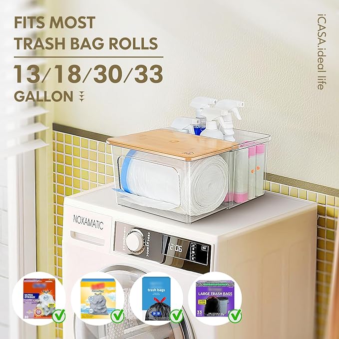 Trash Bag Dispenser Under Sink Organizer 2-in-1 Acrylic Trash Bags Holder with Bamboo Lid Holds Large Rolls up to 100 Count Garbage Bag Storage Container for Kitchen Pantry Laundry Room