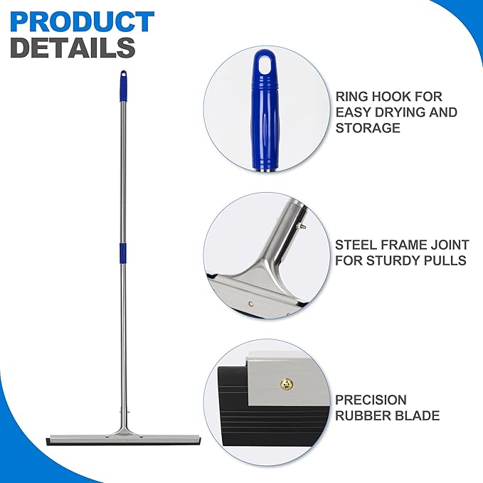 Floor Squeegee Scrubber 55inch Long Stainless Steel Handle with 22inch Wide Silicon Rubber Blade - Perfect Squeegee Broom for Floor Washing and Drying Shower Glass Marble Wood Surfaces
