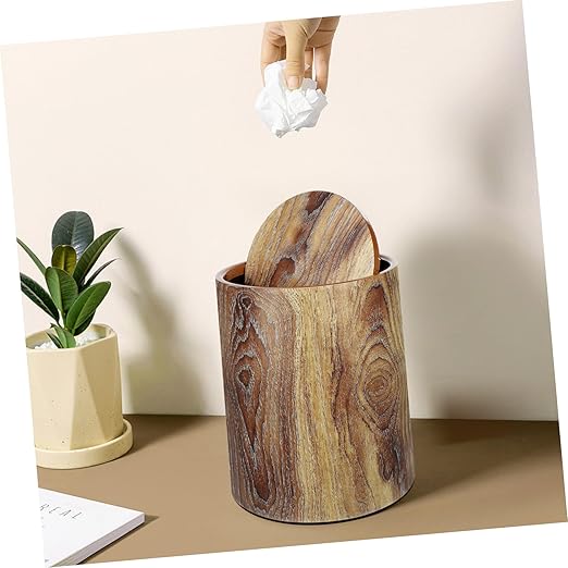PRETYZOOM Medium Thicken Trash Bucket with Swing Lid Artificial Wood Grain Wastebasket for Kitchen Bathroom Office Bedroom Convenient Easy to Clean Home Rubbish Bin