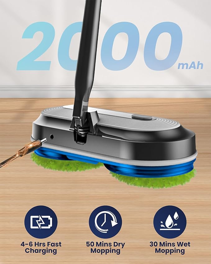 Cordless Electric Mop Electric Spin Floor Mop with LED Headlights &amp Water Sprayer Long-Lasting Battery Large 290ml Tank Self-Propelled Floor Cleaner with Adjustable Tube for All Floors