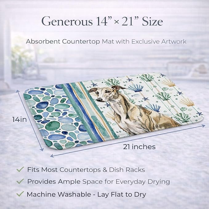 Caroline's Treasures Brindle Whippet Coastal Sea Glass Dish Drying Mat Absorbent Dish Drying Mat Pad for Kitchen Counter Dish Drainer Mat for Countertop 14 x 21 Multicolor