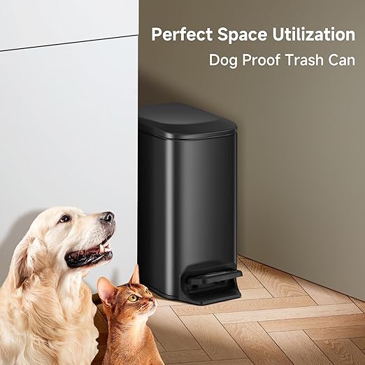TIPGO Slim Bathroom Trash Can with Lid Soft Close Step Pedal 6 Liter / 1.6 Gallon Stainless Steel Trash Bin Small Garbage Cans for Bedroom Office Kitchen (Matte Black)