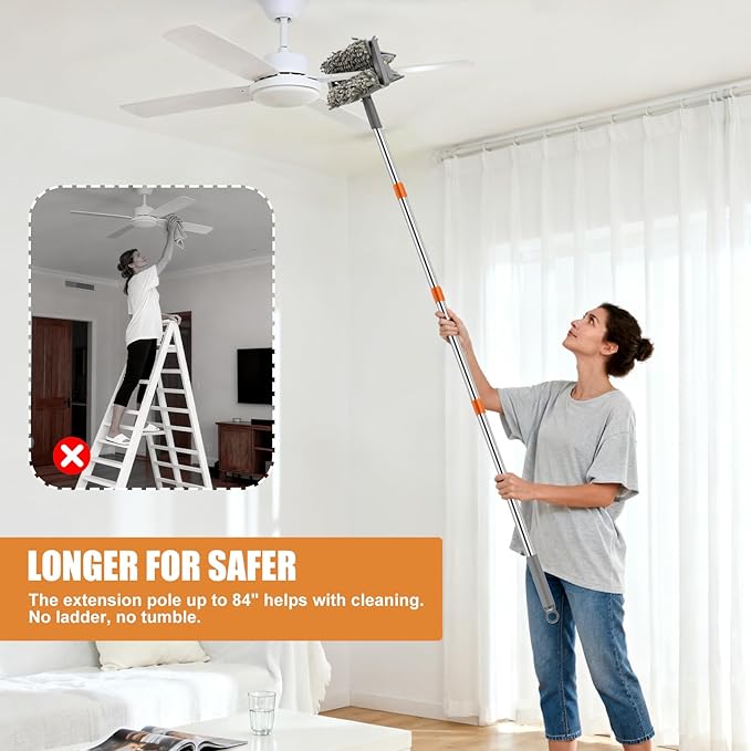 Ceiling Fan Cleaner Duster with 84'' Extension Pole Baseboard Cleaner Tool with Handle Reusable Chenille &amp Microfiber Pads for Dusting Ceiling Fan Baseboard Wall Window Floor