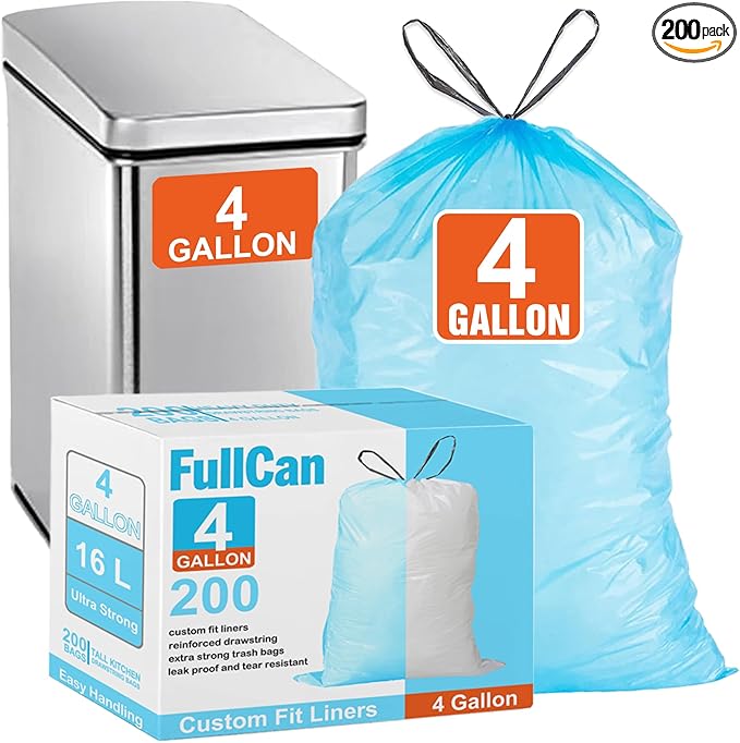 4 Gallon 200 Count Blue Heavy Duty Trash Bags Garbage Can Liners Reinforced Drawstring Trash Bags 200 TOTAL Fit 2.6 Gallon &amp 4 Gallon Trash Can GRAND SAVE!