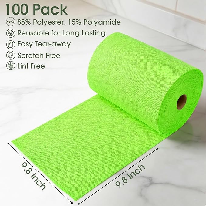 Microfiber Cleaning Cloth Roll - 100 Pack Tear Away Microfiber Paper Towels Reusable Washable Scratch-Free Kitchen Towels for Car Home Kitchen Glass Dishes (Neon Green)