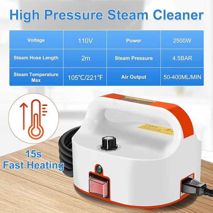 2500W Handheld Steam Cleaner High-Temperature Pressurized Steam Cleaner Grout Steam Cleaner High Heat Steamer for Cleaning Couch Floor Tile Bathroom Microwave Mattress Bed Bugs Windows