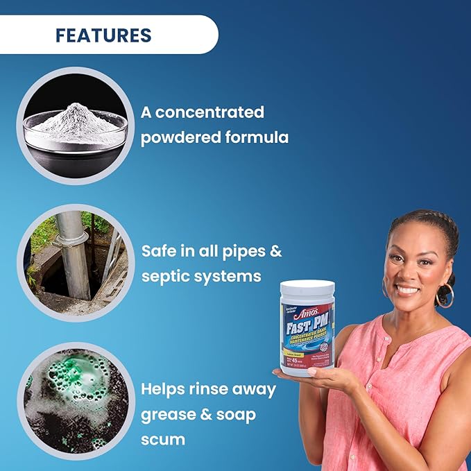 Professor Amos Fast PM Drain Maintenance Powder Concentrate Preventative Drain Cleaner Powder Garbage Disposal Washing Machine Dishwasher Sink Bathtub Shower 24 Oz