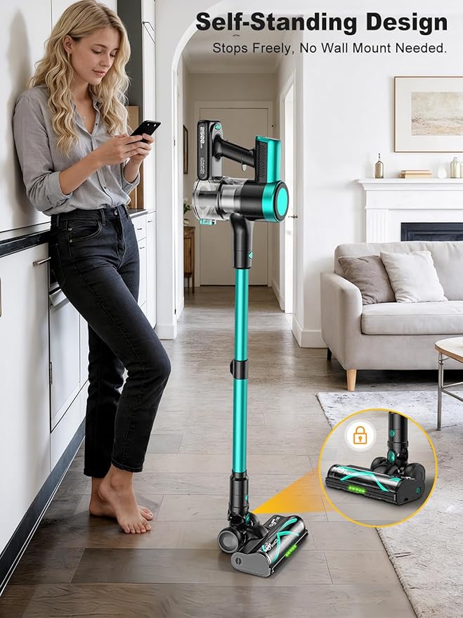 Cordless Vacuum Cleaner58kPa/10-in-1 Stick Vacuum with 29-inch Hose and LED Lighting Brush50Mins Runtime Vacuum Cleaner for HomeSelf-Standing Vacuum with Anti-Tangle Brush for Pet Hair/Carpet/Floor