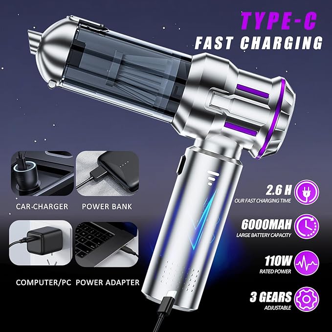 Handheld Car Vacuum Cordless Mini Vacuum Cleaner Rechargeable 16000Pa Hand Held Vacuum Cleaner Portable Small Vacuum with Multi-Nozzles Dust Duster for Car Home Office Pet (Silver Purple)