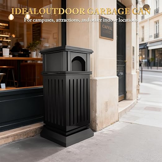 Black Stainless Steel Commercial Trash Can with Locking Lid Heavy Duty Outdoor/Indoor Waste Container Perforated Steel Panels Removable Inner Bucket for Patio Park Garden-35.5x15.8x15.8in
