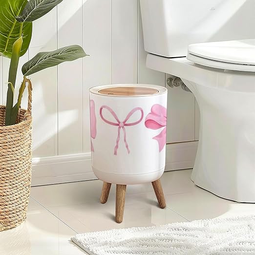 Trash Can with Lid Pink bow coquette y2k aesthetic ribbon elegant accessory pastel tie Press Cover Round Small Garbage Bin with Wooden Legs Waste Basket for Girls Bedroom Nursery 7L/1.8 Gallon