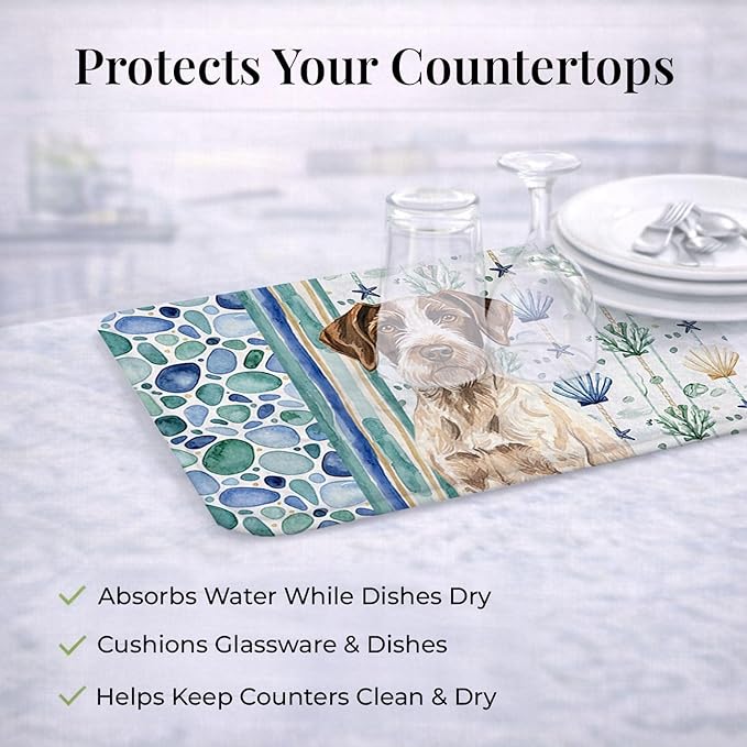 Caroline's Treasures Liver and White German Wirehaired Pointer Coastal Sea Glass Dish Drying Mat Absorbent Dish Drying Mat Pad for Kitchen Counter Dish Drainer Mat for Countertop 14 x 21 Multicolor
