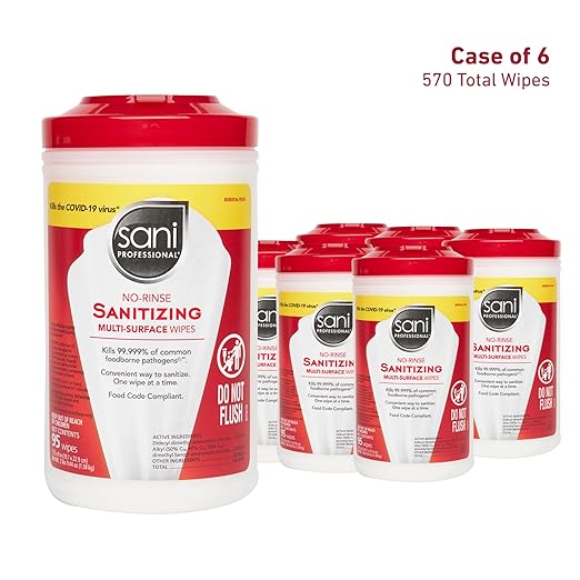 PDI Sani-Professional Sanitizing Wipes No-Rinse Multi-Surface Cleaning for Food Contact Surfaces Kitchens Restuarants Tables 95 Large 7.75 x 9 Count per Canister Pack of 6