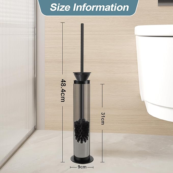 BGL Toilet Brush and Holder Set Heavy Duty 304 Stainless Steel Round Base and Long Handle for Bathroom Deep Cleaning Drip-Proof Space Saving for Storag Black