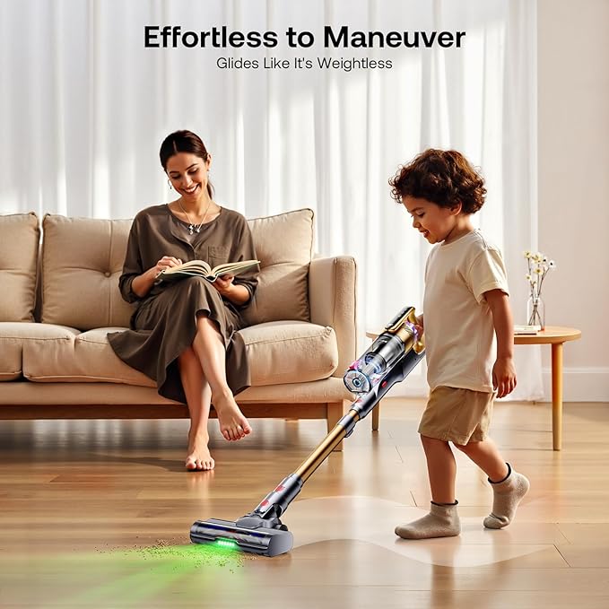 Trucozie Cordless Vacuum Cleaner Self-Standing Lightweight Stick Vacuum with 50 mins Runtime Powerful Suction Anti-Tangle Wireless Vacuum for Home Hardwood Floor Carpet Pet Hair Gold