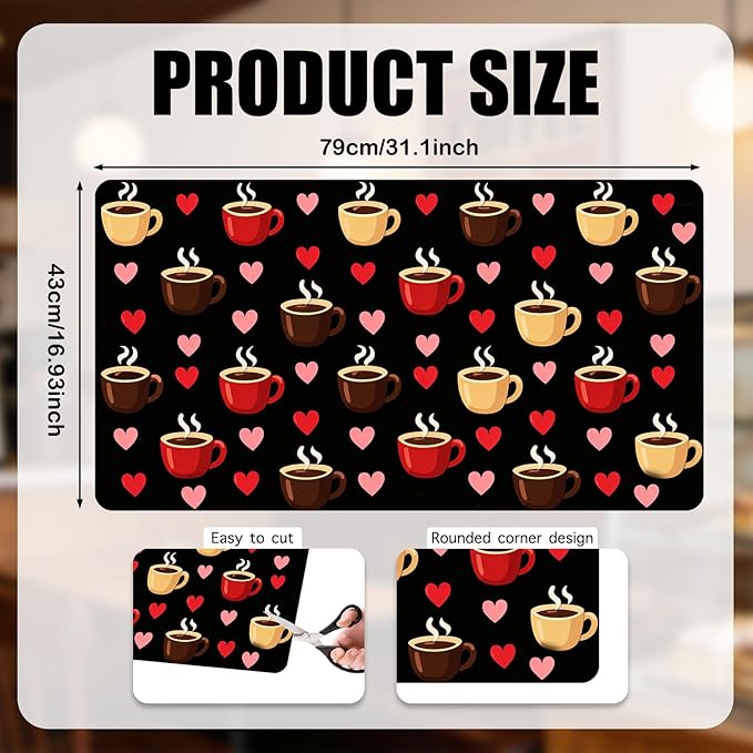 Nuxovilar Coffee Bar Mat Natural Rubber &amp Canvas Fabric 16.92 x 31.1 Coffee &amp Heart Print Bar Accessories Decorative Mat Home Kitchen Breakfast Nook