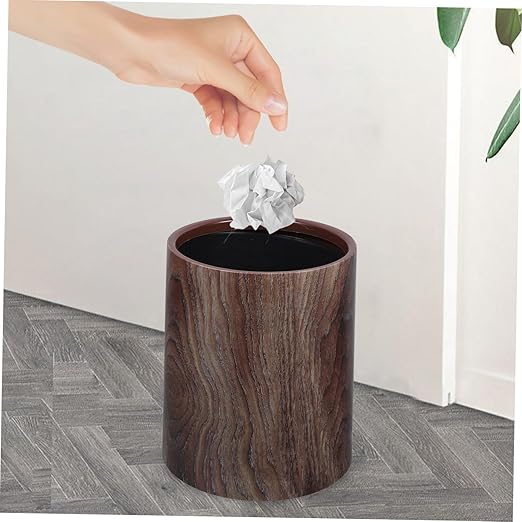 Garneck Lidless Imitation Wood Grain Trash Can Round Wastebasket for Kitchen Living Room Bathroom Office Stylish Garbage Collecting Bin for Indoor Use