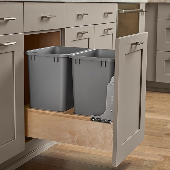 Rev-A-Shelf 35 Qt Bottom Mount Double Pullout Under Cabinet Kitchen Trash Cans w/Soft-Close 150 Pound Rated Full-Extension Slides Gray 4WCBM-18DM-2 – Container Bins for Waste Management