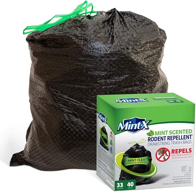 Mint-X Rodent Repellent Outdoor Home and Industrial Trash Bags with Drawstring &amp Mint-Flex Technology 33 Gallon 40 Count Black