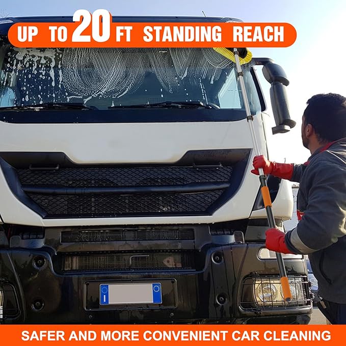 12FT Car Wash Brush with Long Handle Car Cleaning Brush with 12 Inch Soft Bristle Solar Panels Cleaner with Telescoping Pole for RV Truck Boat House Siding