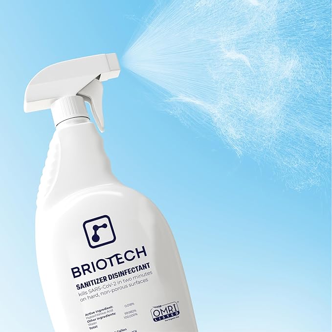 BRIOTECH Sanitizer Disinfectant Hypochlorous Kill 99.99% of Viruses &amp Bacteria Control Mold Eliminate Odor Gentle for Nursery &amp Play Rooms Food Contact Surface Sanitizer 1 Gallon Refill