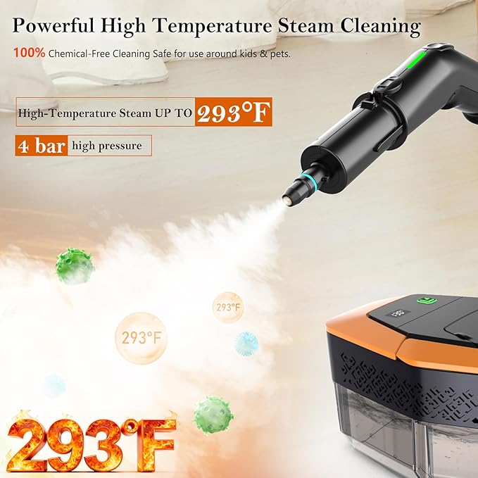 Steam Cleaner 3-Level Adjustable Handle 15s Heat-Up Steamer for Cleaning With 1.8L Large Tank Dry Burn Protection Handheld Steam Cleaner for Home Bathroom Tile GroutCar with 12pcs Accessories