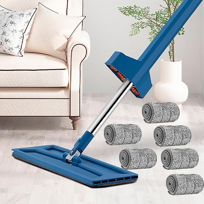 Large Flat Mop 360° Rotatable Cleaning Mop Self Wringing Flat Mops Microfiber Flat Mop with Stainless Steel Handle Tile Hardwood Floors Windows Quick Clean(6pcs)