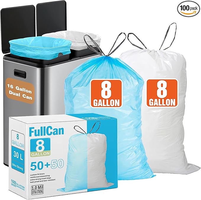 8 Gallon Trash Bags for Dual Compartment Trash Can (2 x 8 Gallon/2 x 30 L) Pefect Fit Drawstring Kitchen Garbage Bags for Dual Compartment Trash Can White 50 Count Blue 50 Count (100 Count TOTAL)